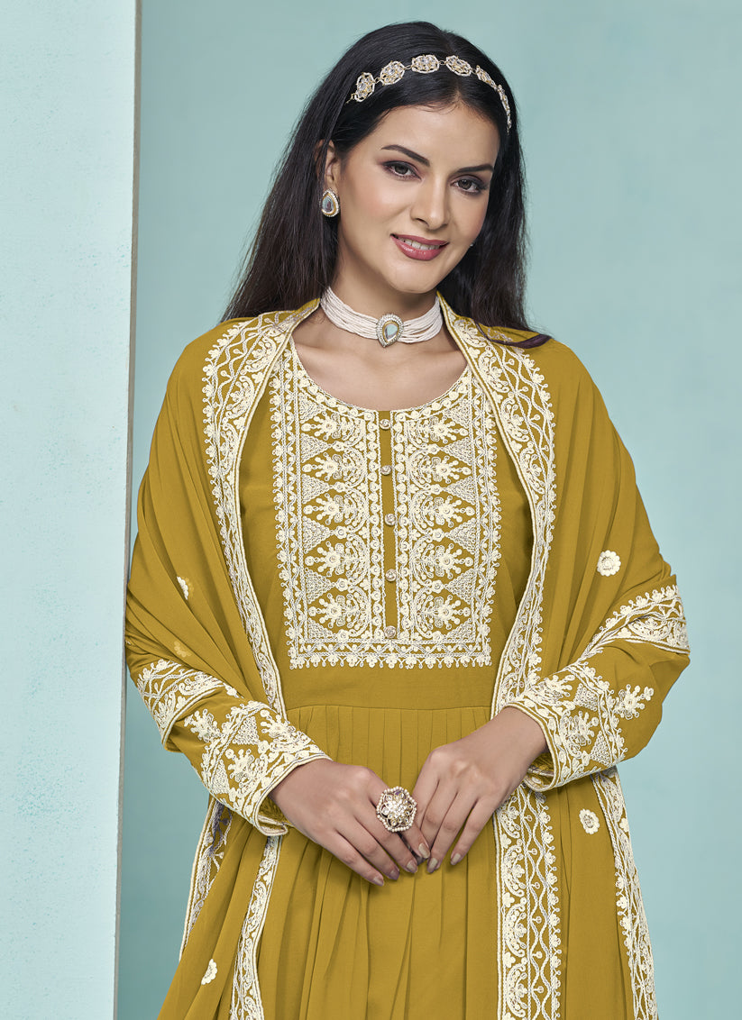 Mustard Faux Georgette Embroidered Palazzo Kameez