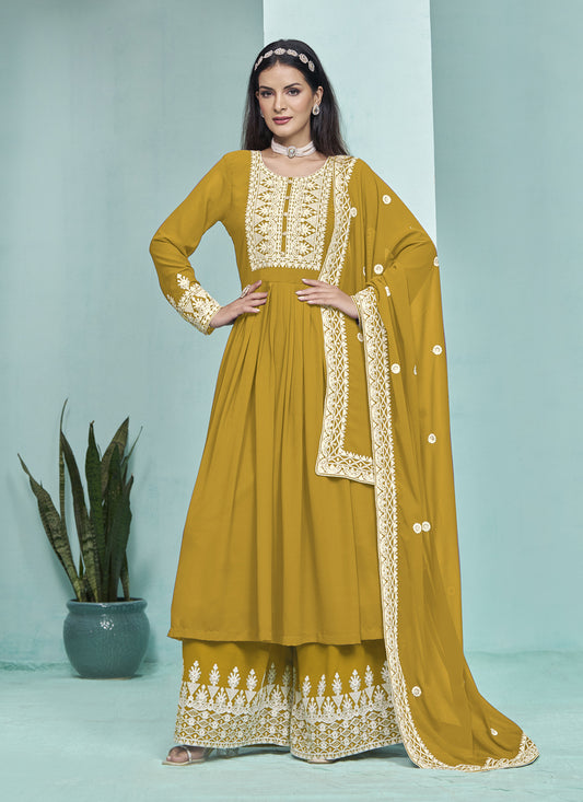 Mustard Faux Georgette Embroidered Palazzo Kameez