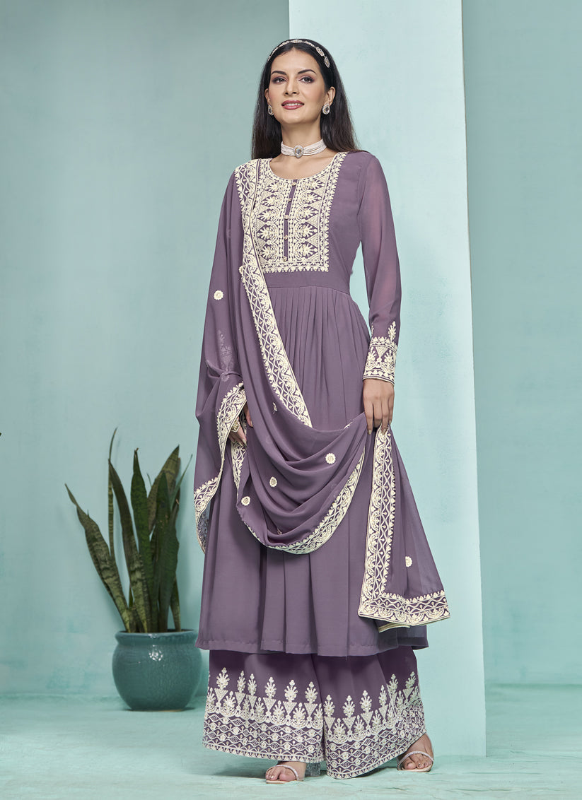 Mauve Purple Faux Georgette Embroidered Palazzo Kameez