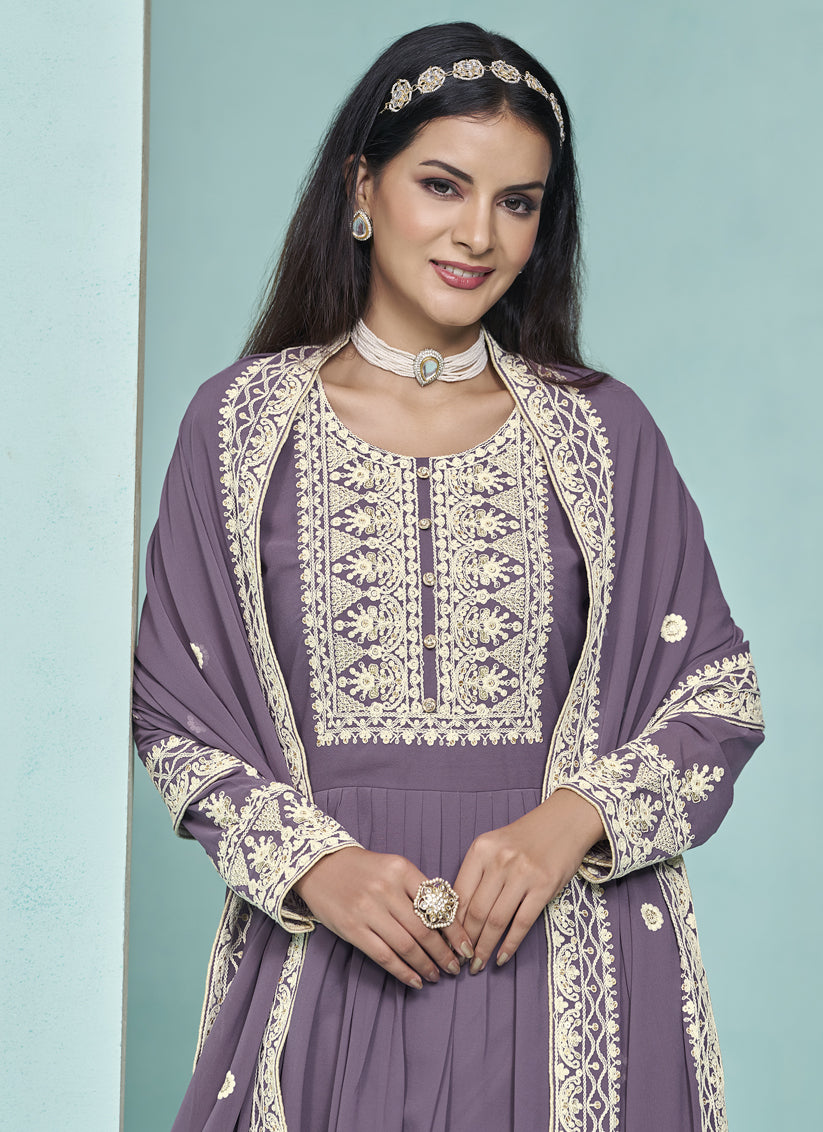 Mauve Purple Faux Georgette Embroidered Palazzo Kameez