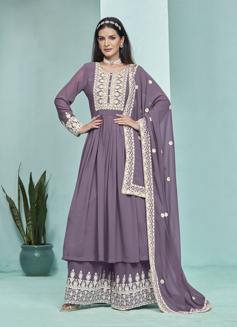 Mauve Purple Faux Georgette Embroidered Palazzo Kameez