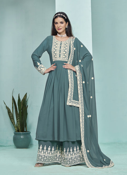 Teal Grey Faux Georgette Embroidered Palazzo Kameez