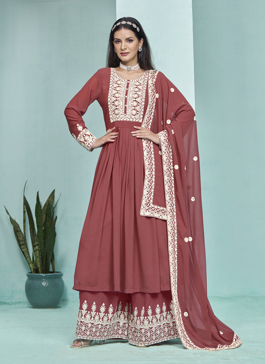 Brick Red Faux Georgette Embroidered Palazzo Kameez