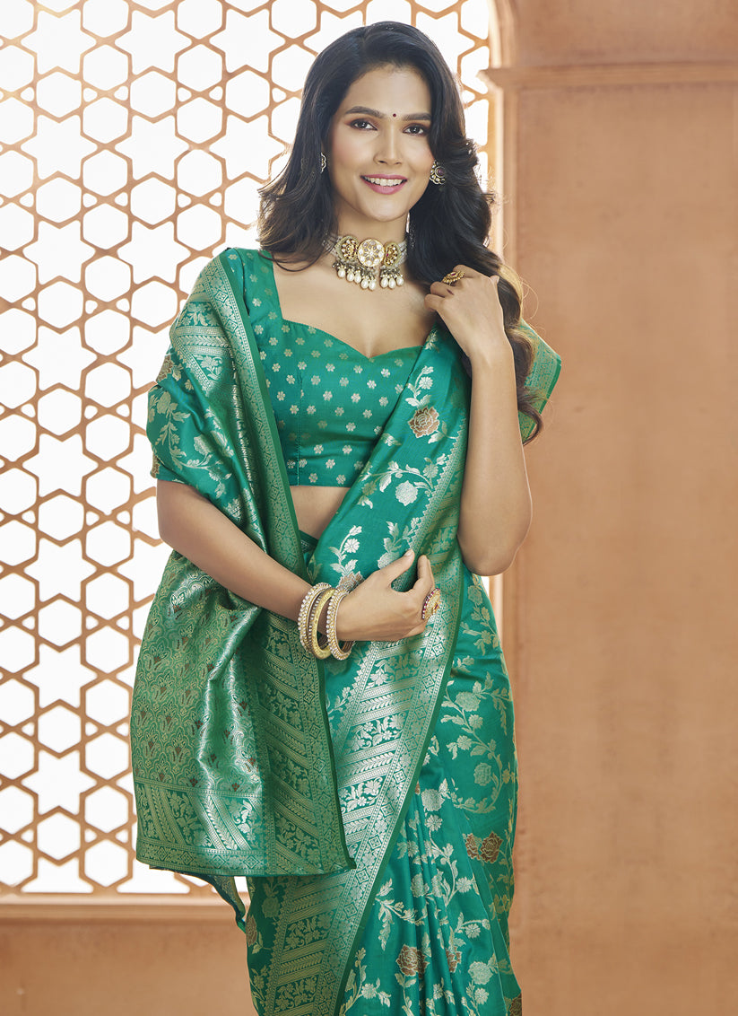 Rama Green Pure Banarasi Silk Zari Woven Saree