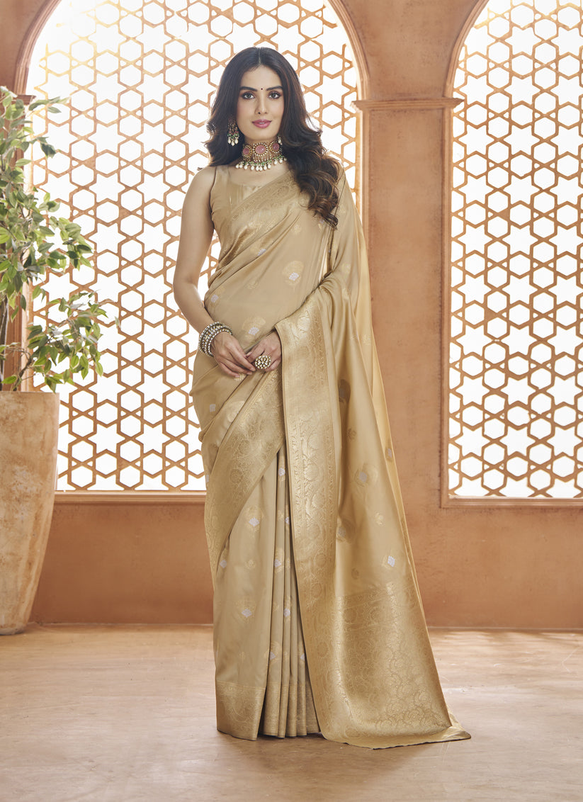 Beige Pure Banarasi Silk Zari Woven Saree