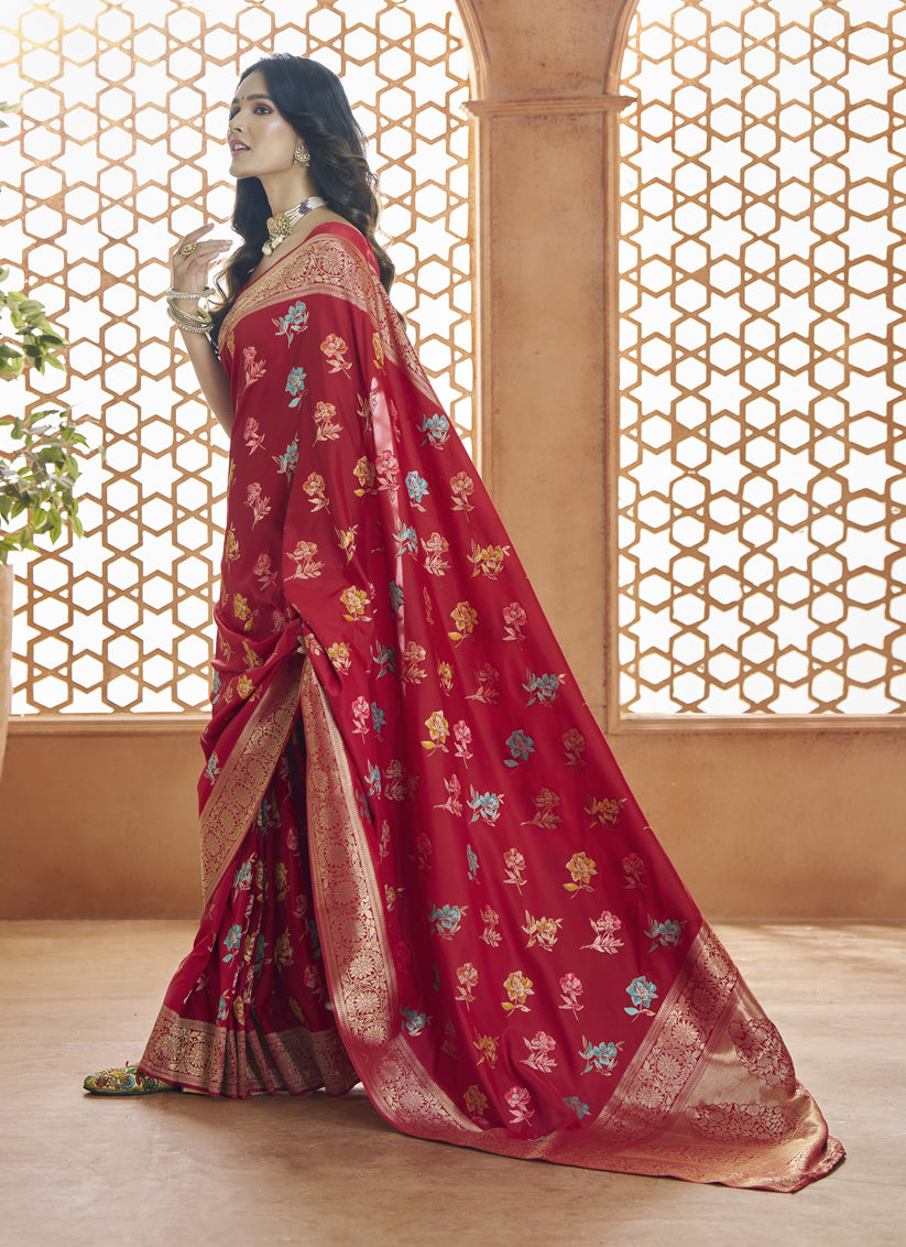 Scarlet Red Pure Banarasi Silk Zari Woven Saree