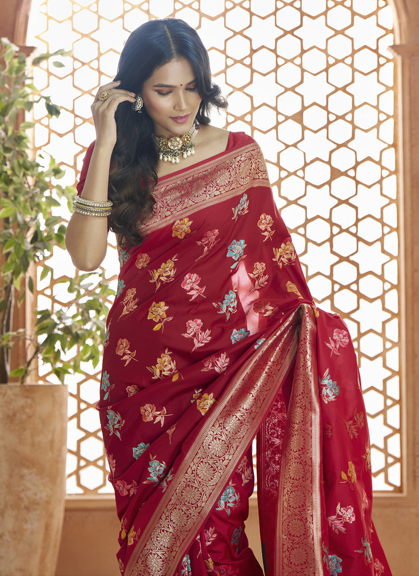 Scarlet Red Pure Banarasi Silk Zari Woven Saree