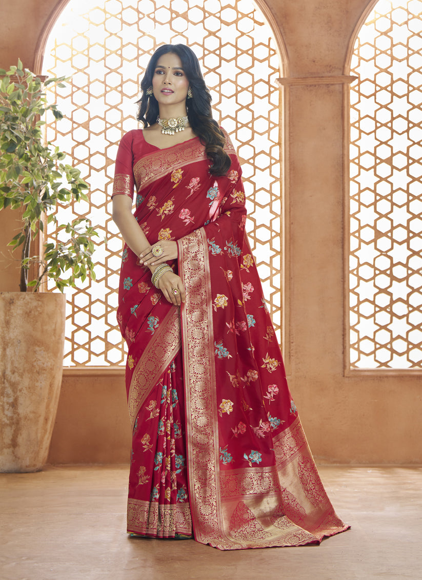 Scarlet Red Pure Banarasi Silk Zari Woven Saree