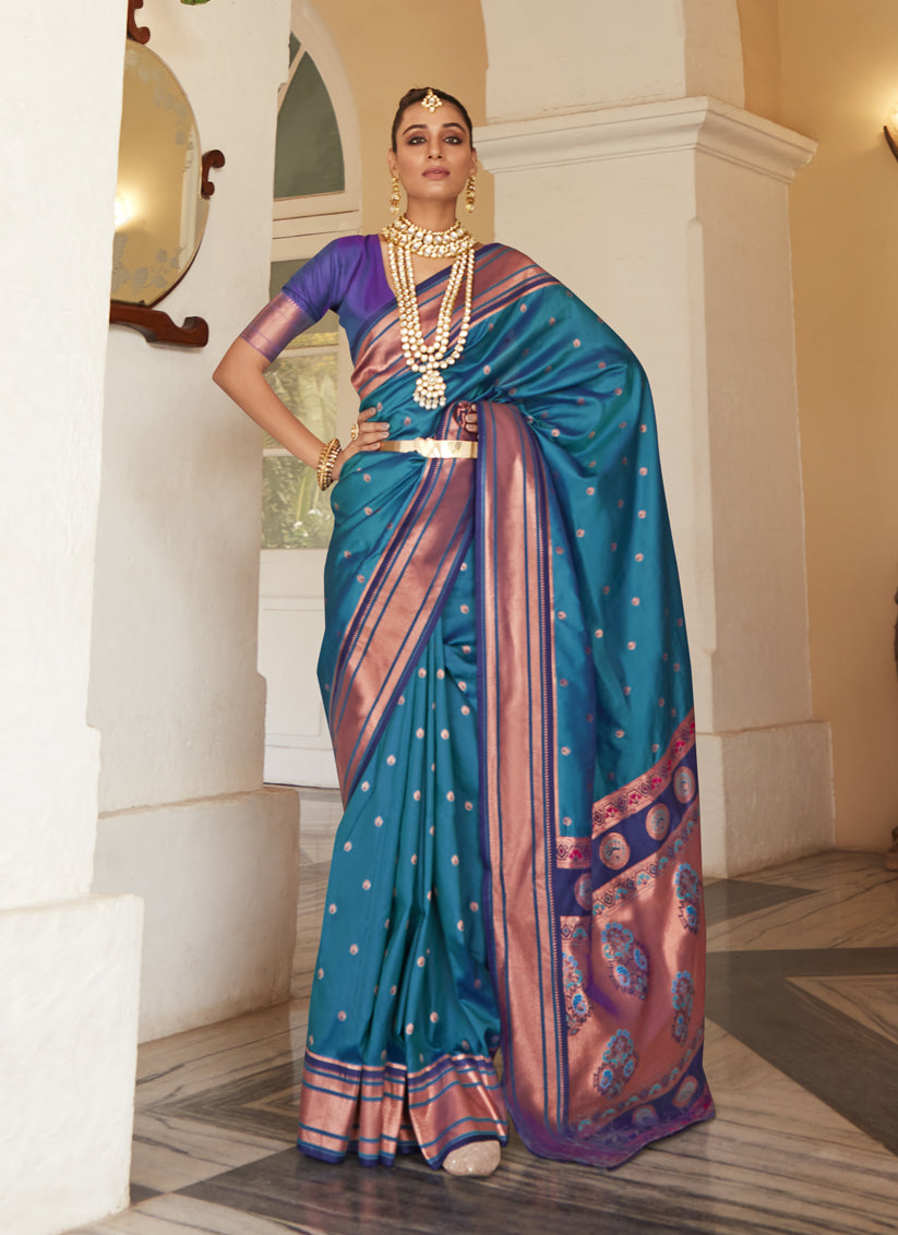 Peacock Blue Peshwai Paithani Silk Woven Saree