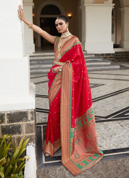 Hot Red Peshwai Paithani Silk Woven Saree