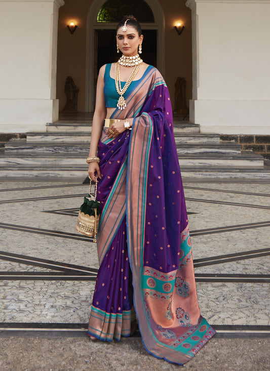 Violet Peshwai Paithani Silk Woven Saree