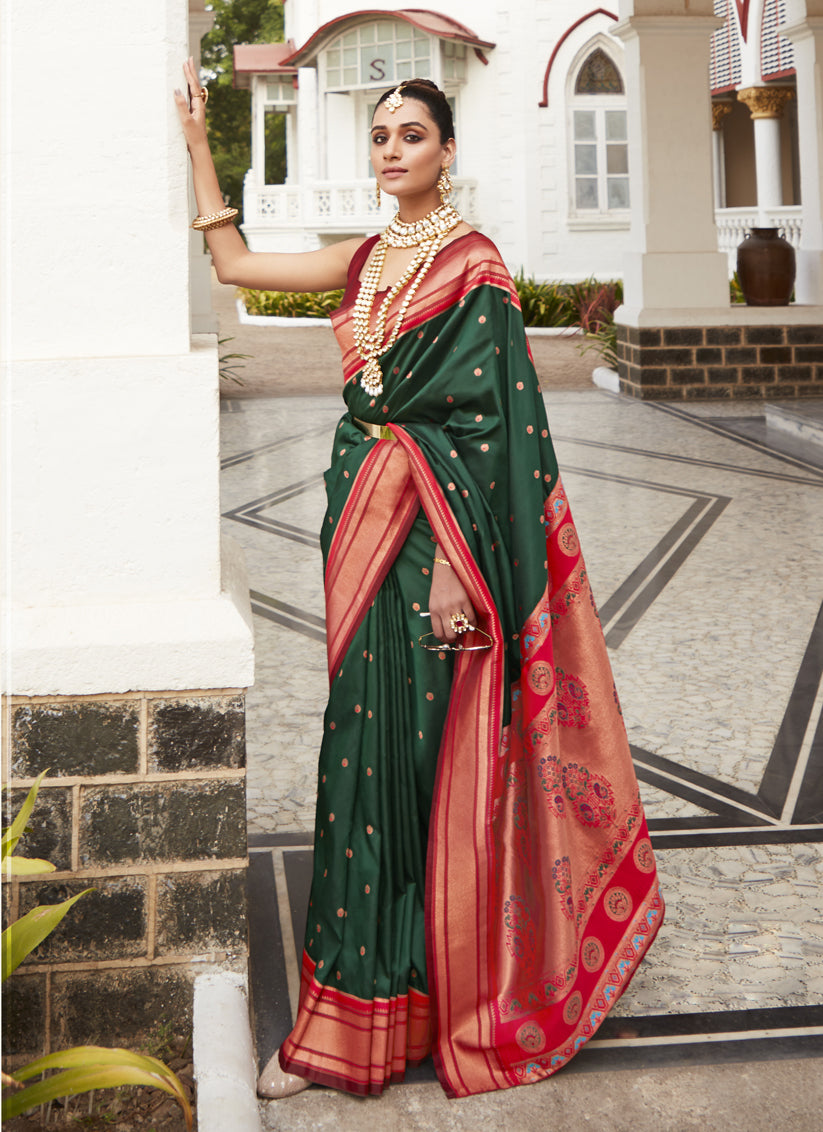 Bottle Green Peshwai Paithani Silk Woven Saree