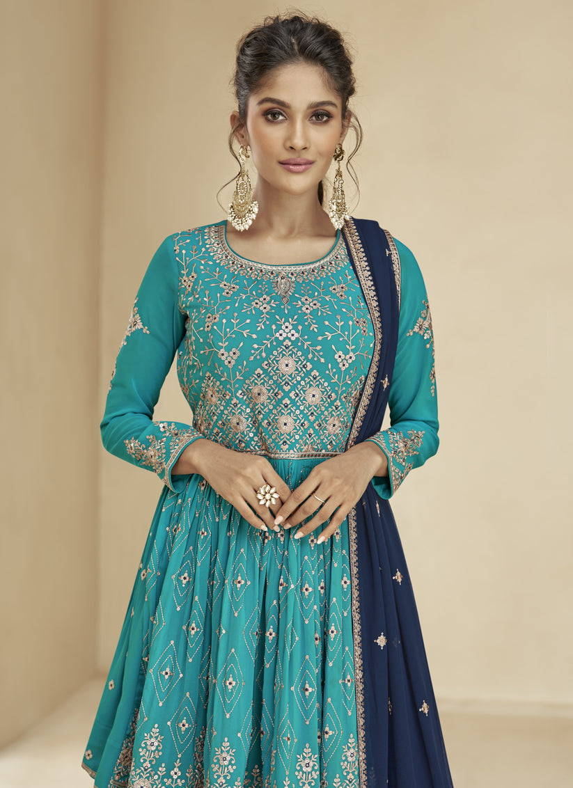 Firozi and Navy Blue Real Georgette Lehenga Suit