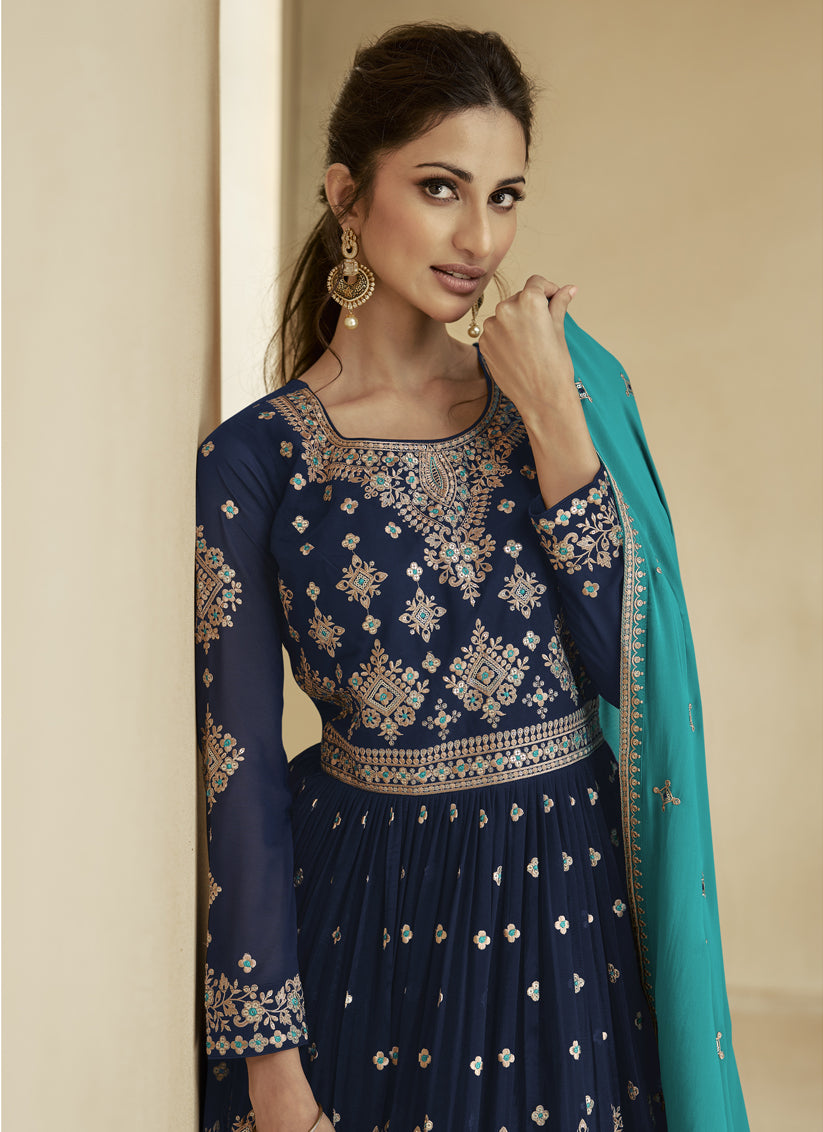 Navy Blue and Turquoise Real Georgette Lehenga Suit