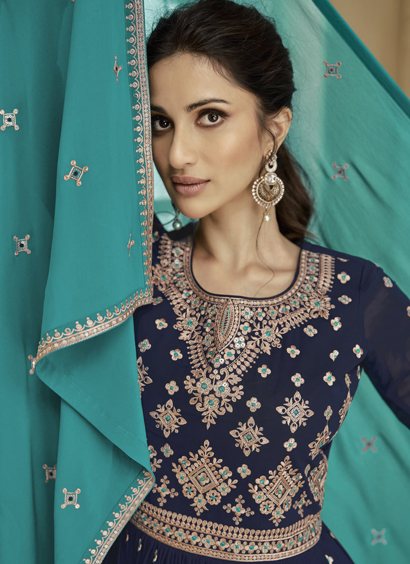 Navy Blue and Turquoise Real Georgette Lehenga Suit