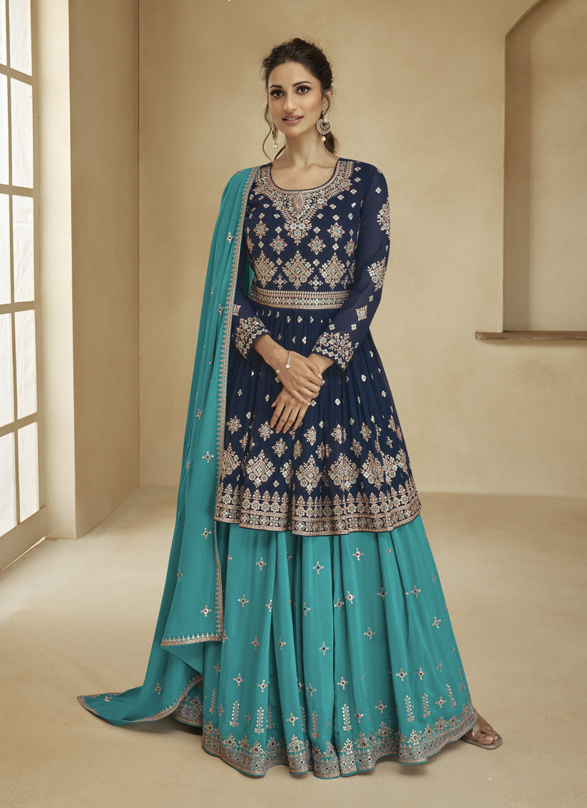 Navy Blue and Turquoise Real Georgette Lehenga Suit