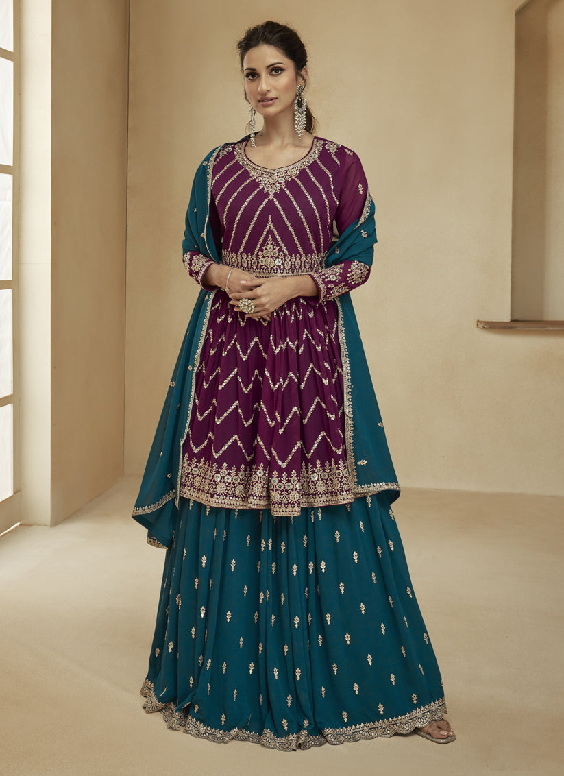 Wine and Teal Green Real Georgette Lehenga Suit