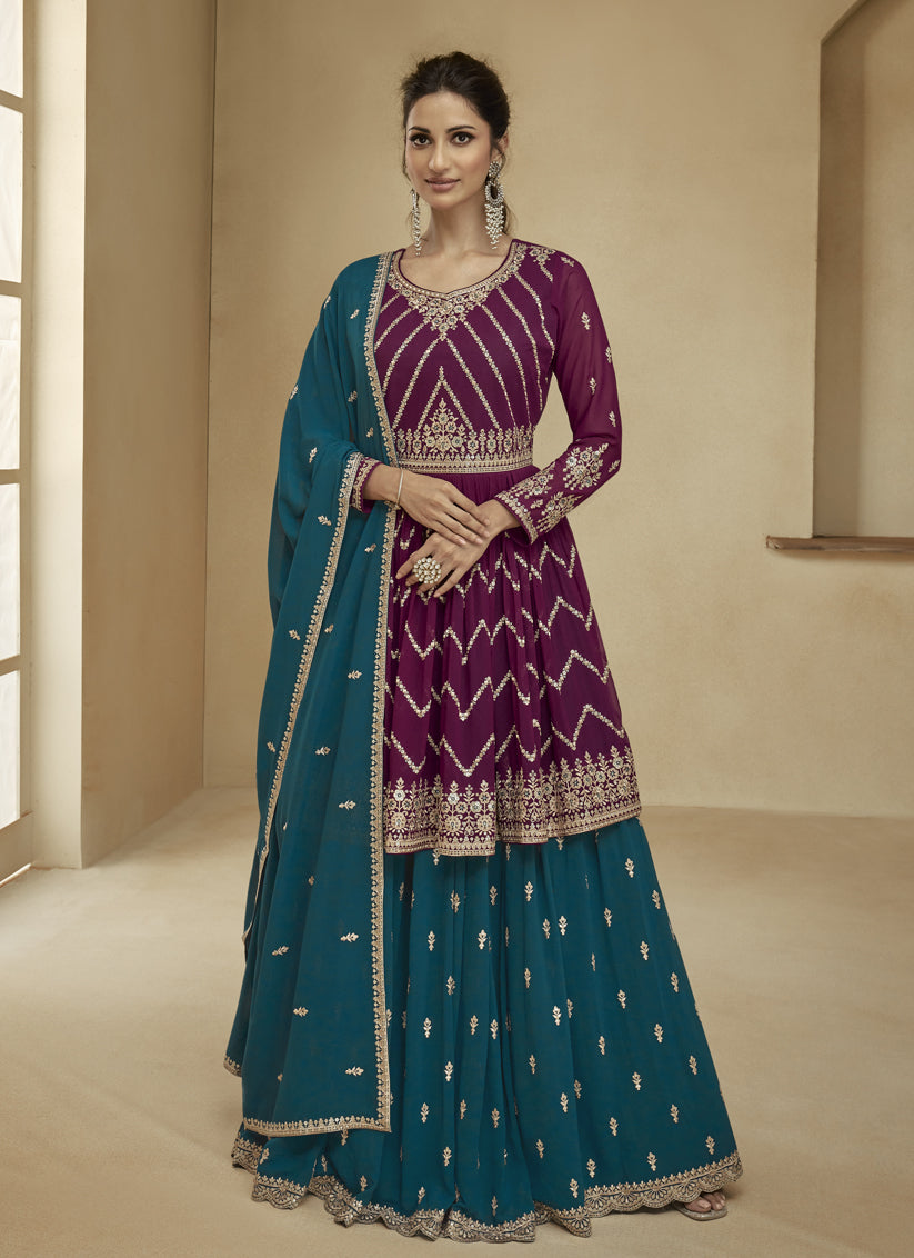 Wine and Teal Green Real Georgette Lehenga Suit