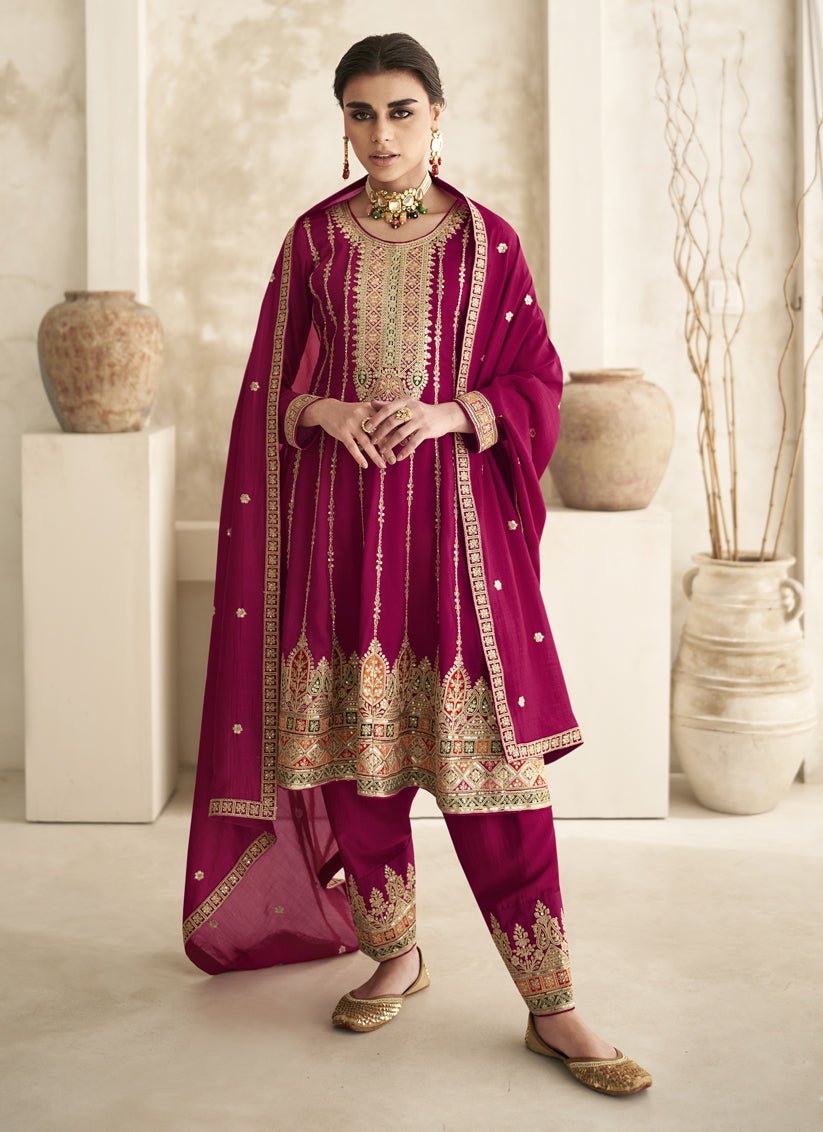 Rani Pink Silk Embroidered Trouser Kameez