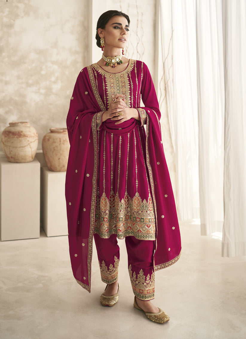 Rani Pink Silk Embroidered Trouser Kameez