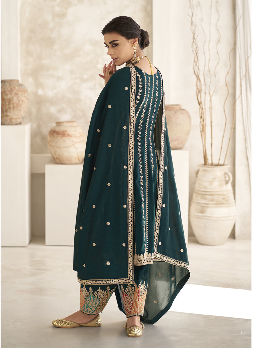 Peacock Blue Silk Embroidered Trouser Kameez