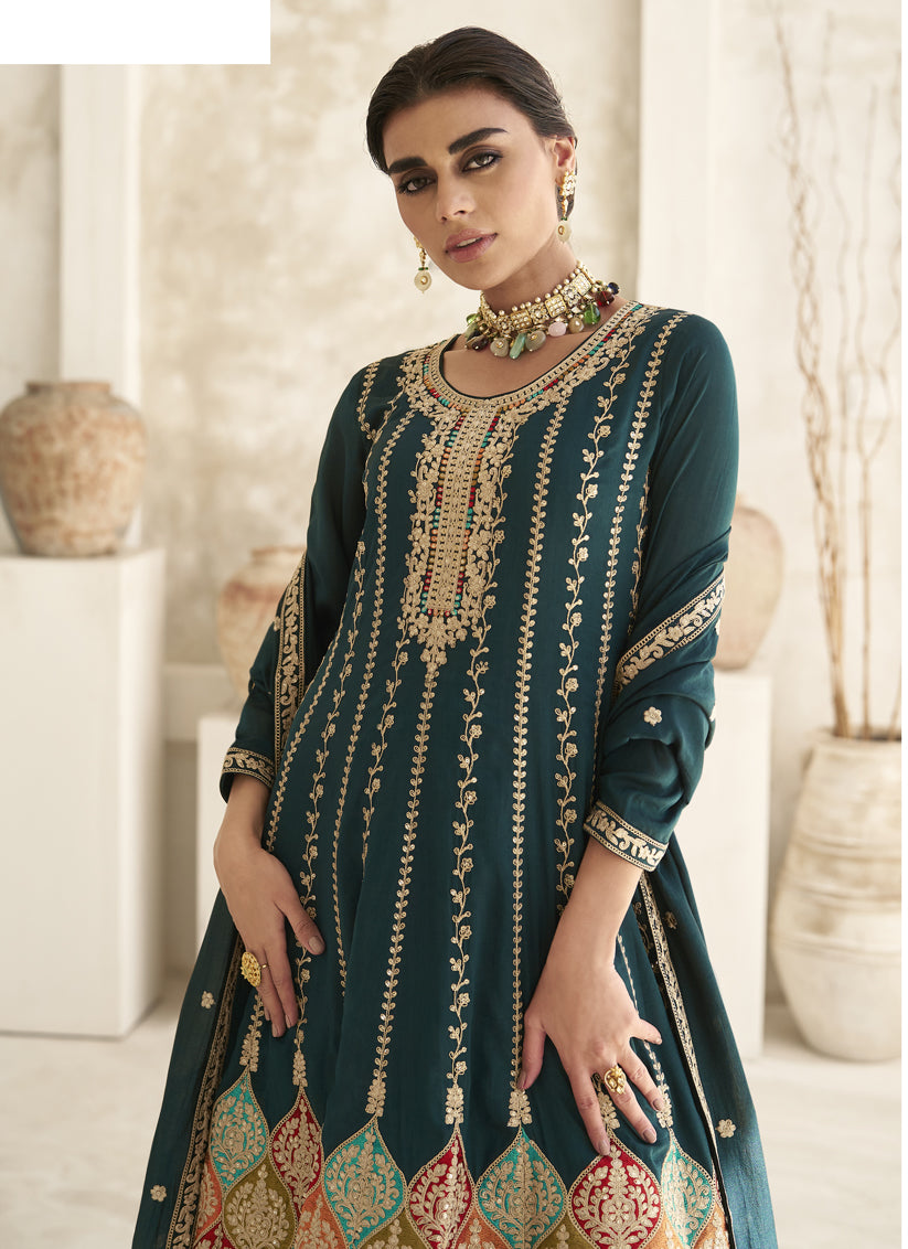 Peacock Blue Silk Embroidered Trouser Kameez