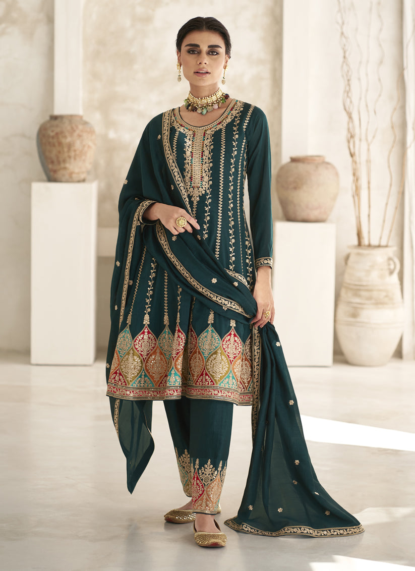 Peacock Blue Silk Embroidered Trouser Kameez