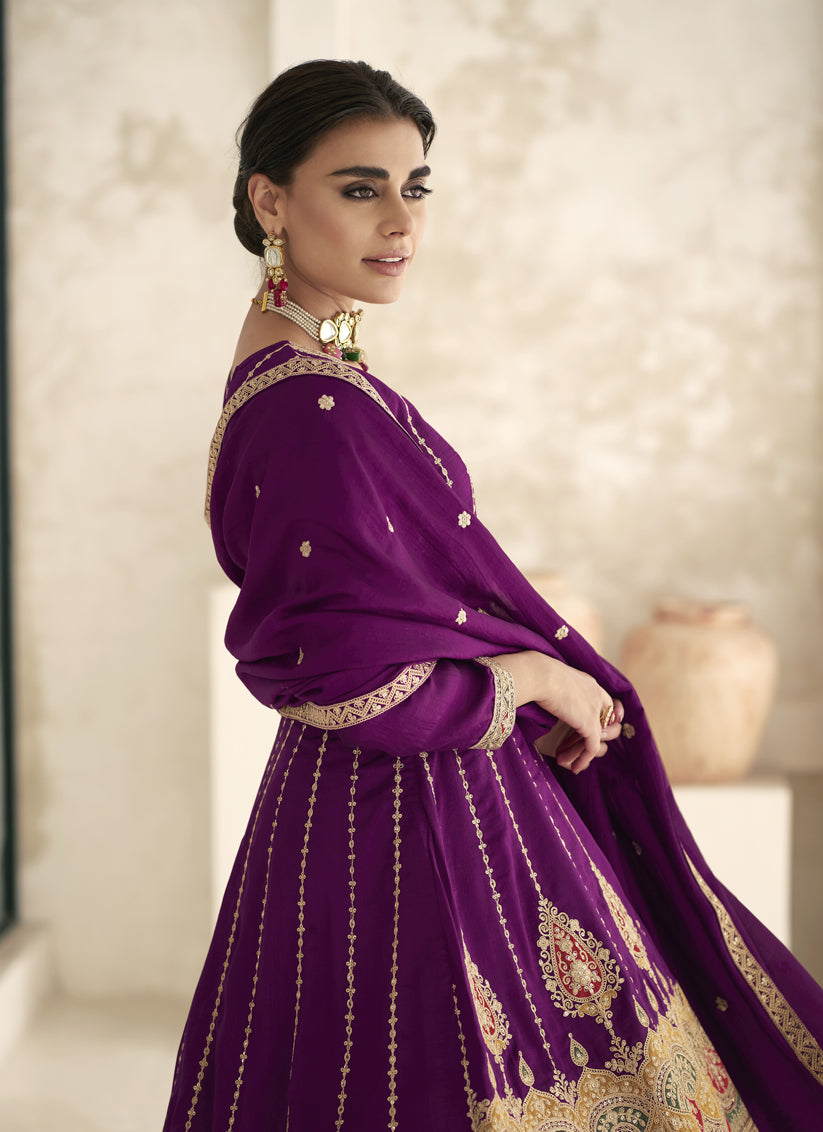 Magenta Silk Embroidered Trouser Kameez