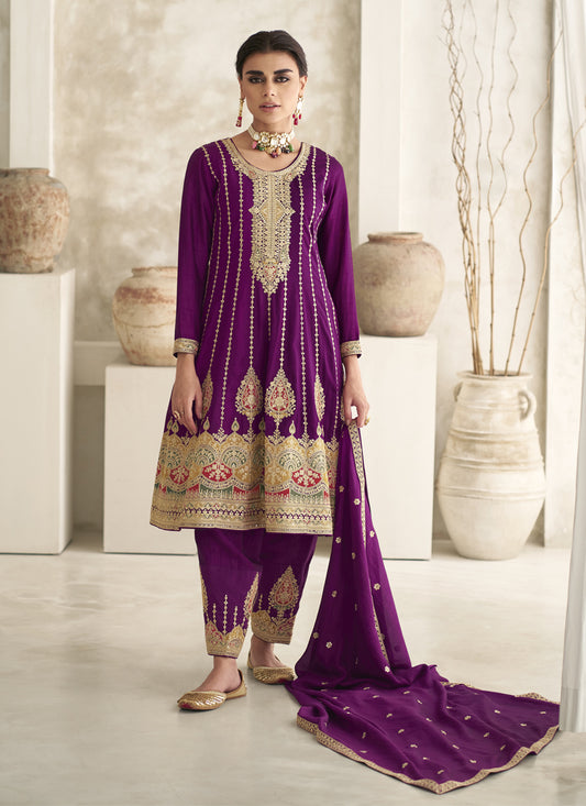 Magenta Silk Embroidered Trouser Kameez