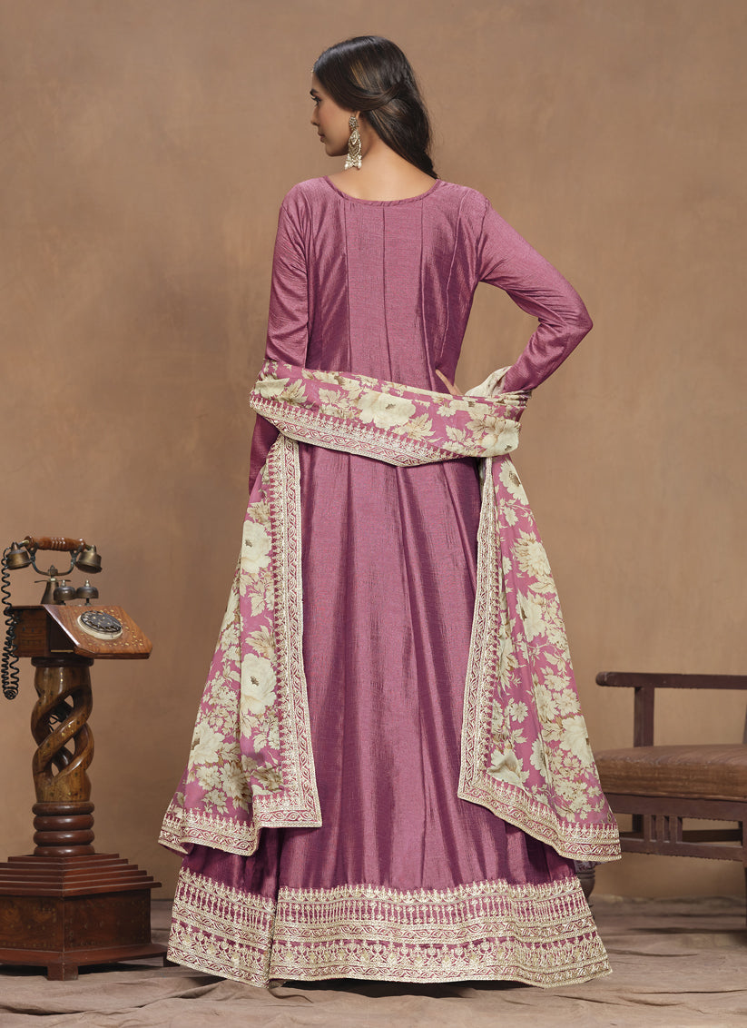 Onion Pink Art Silk Embroidered Anarkali with Dupatta