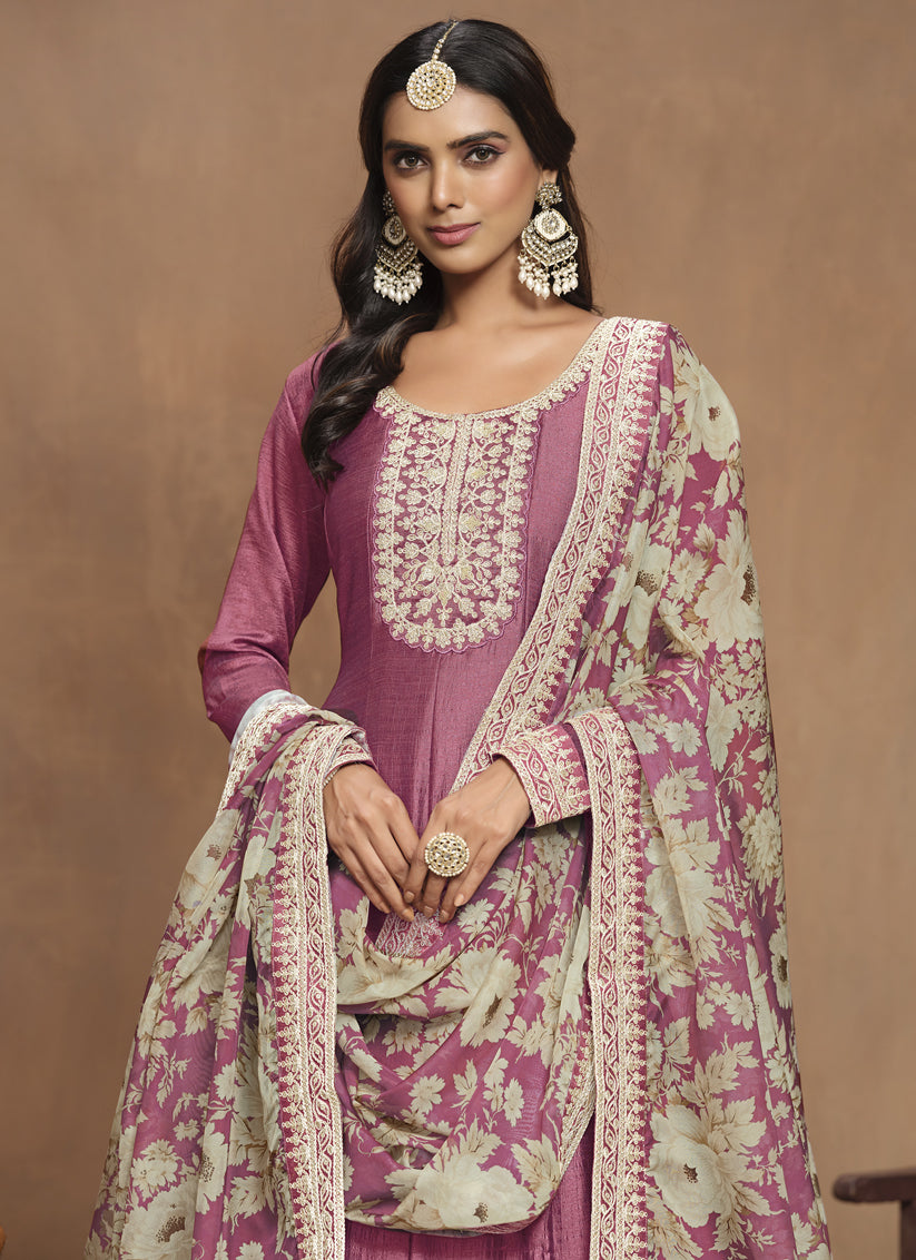 Onion Pink Art Silk Embroidered Anarkali with Dupatta