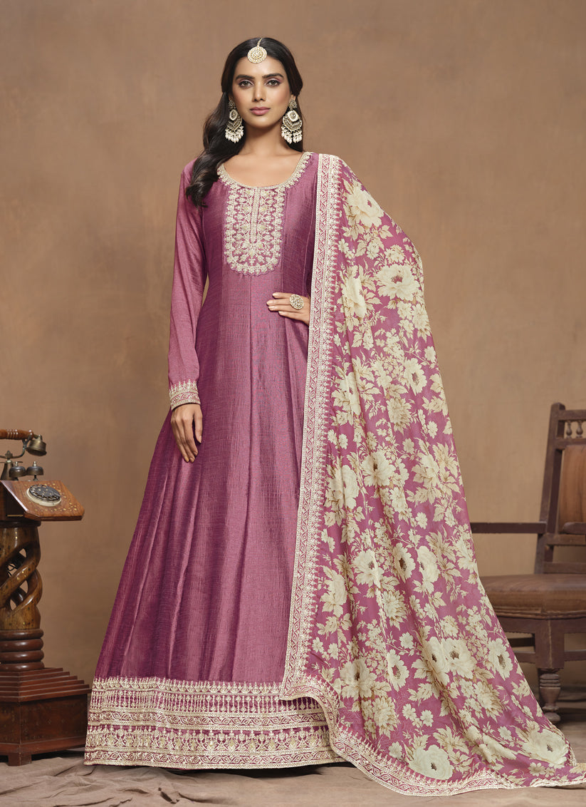 Onion Pink Art Silk Embroidered Anarkali with Dupatta