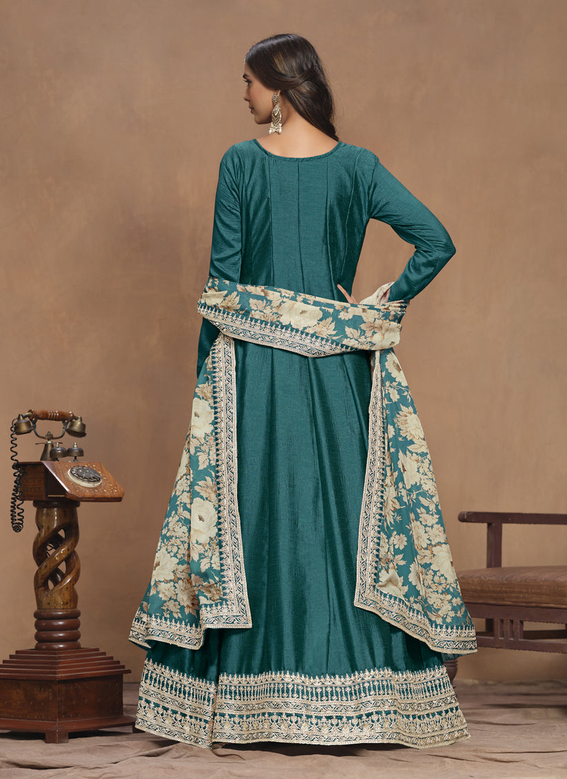 Peacock Green Art Silk Embroidered Anarkali with Dupatta