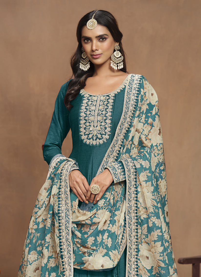 Peacock Green Art Silk Embroidered Anarkali with Dupatta