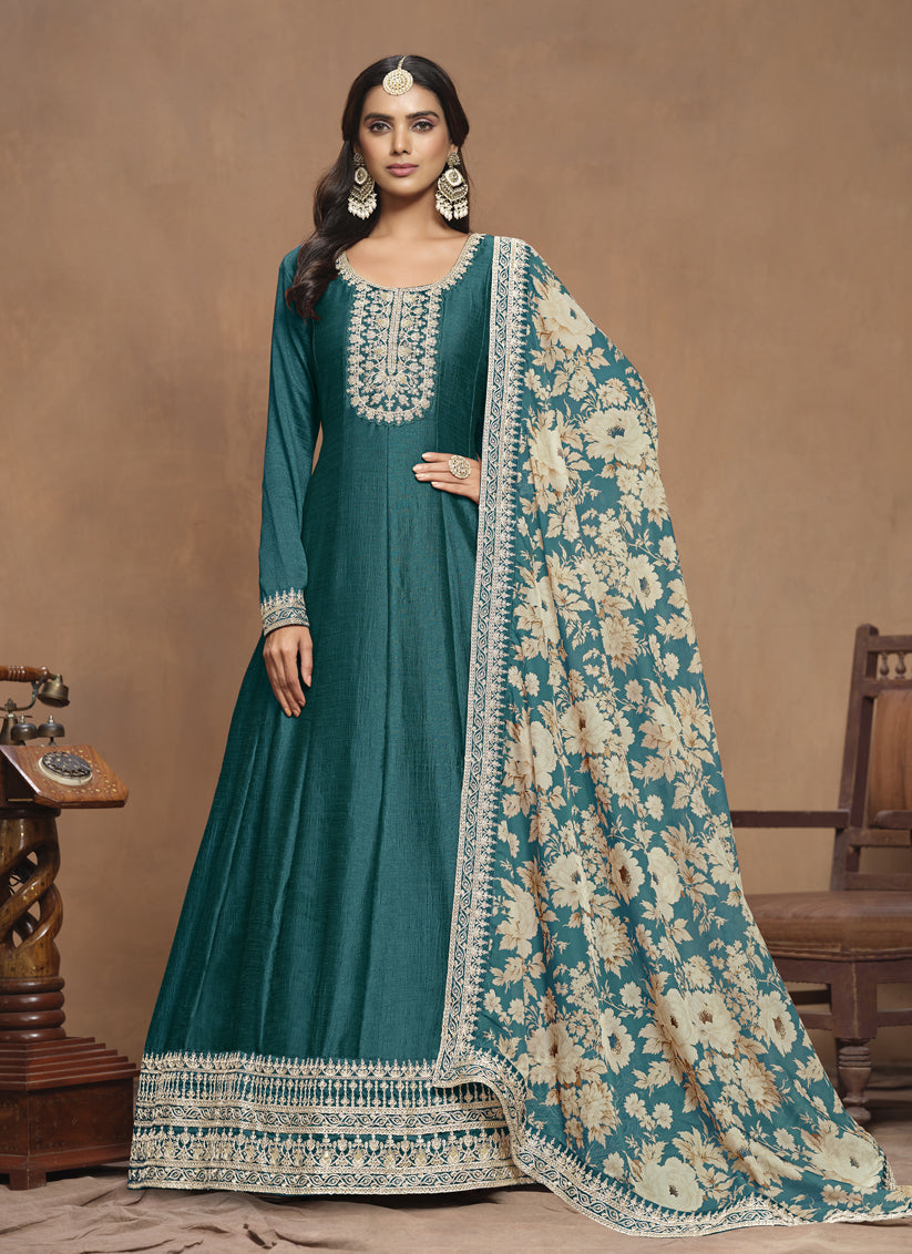 Peacock Green Art Silk Embroidered Anarkali with Dupatta