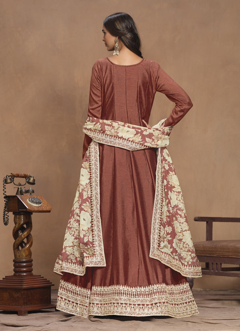 Copper Brown Art Silk Embroidered Anarkali with Dupatta