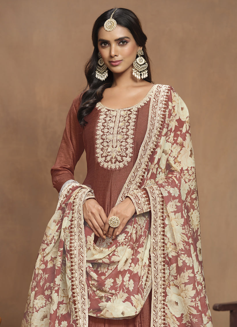 Copper Brown Art Silk Embroidered Anarkali with Dupatta