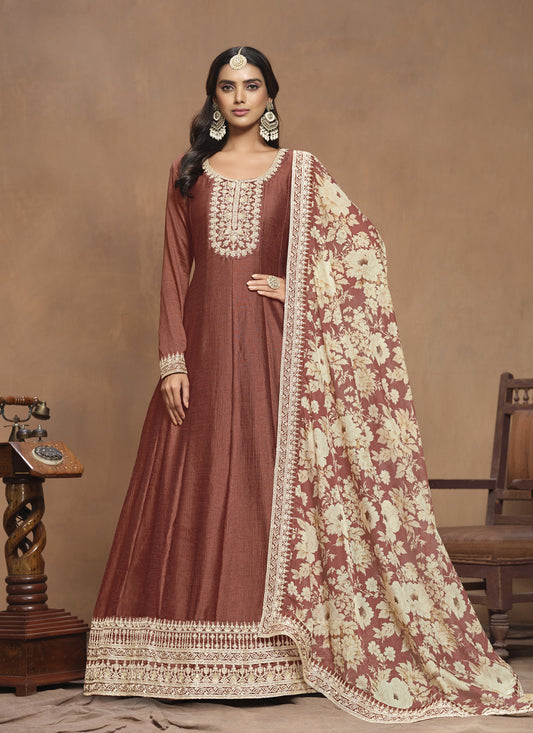 Copper Brown Art Silk Embroidered Anarkali with Dupatta