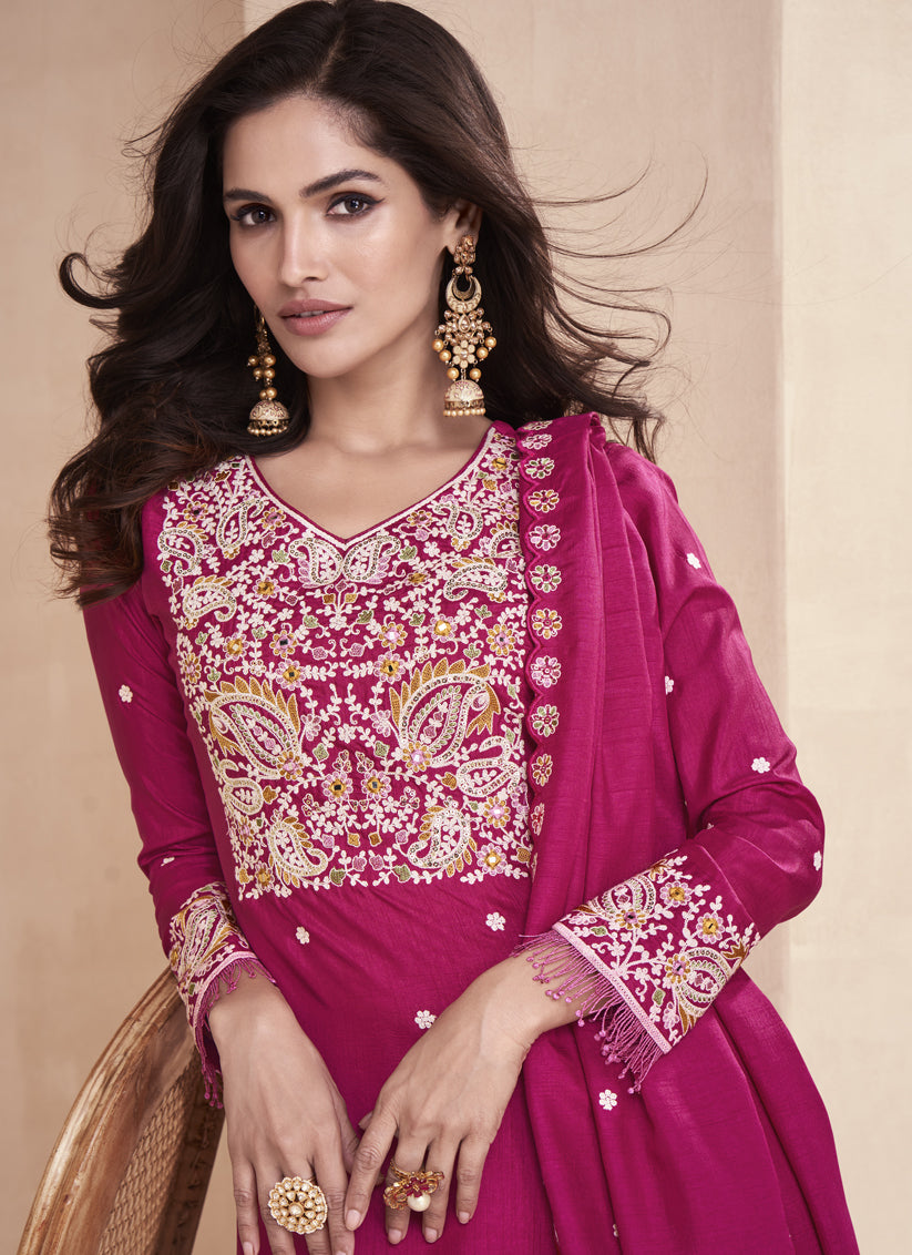 Rani Pink Dola Silk Embroidered Designer Sarara Kameez