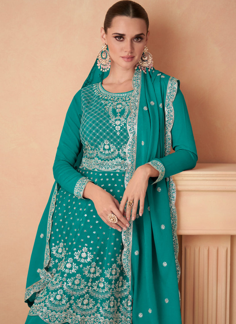 Rama Green Chinon Silk Designer Sarara Kameez Suit