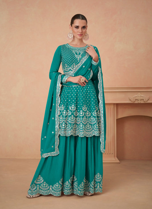 Rama Green Chinon Silk Designer Sarara Kameez Suit