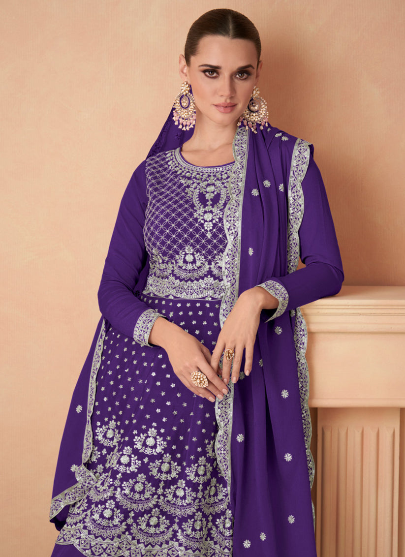 Purple Chinon Silk Designer Sarara Kameez Suit