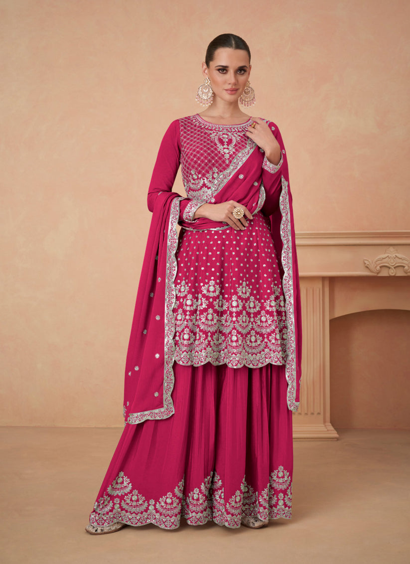 Rani Pink Chinon Silk Designer Sarara Kameez Suit