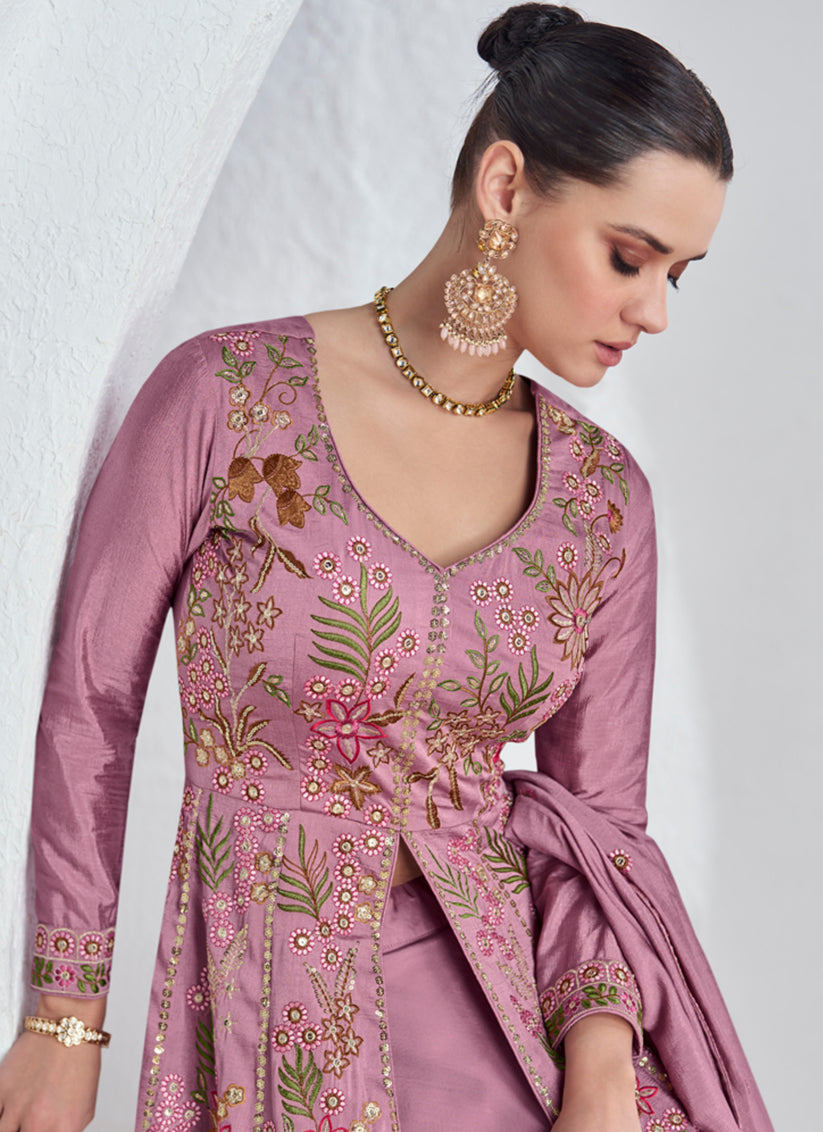Old Rose Pink Silk Embroidered Designer Lehenga Kameez