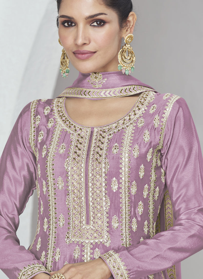 Lilac Pink Chinnon Silk Embroidered Palazzo Suit