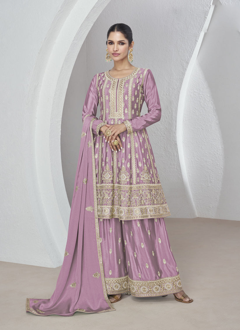 Lilac Pink Chinnon Silk Embroidered Palazzo Suit