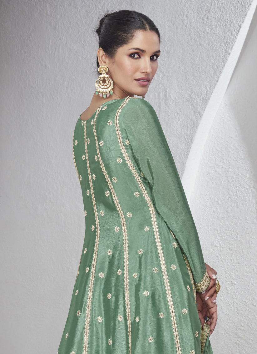 Mint Green Chinnon Silk Embroidered Palazzo Suit