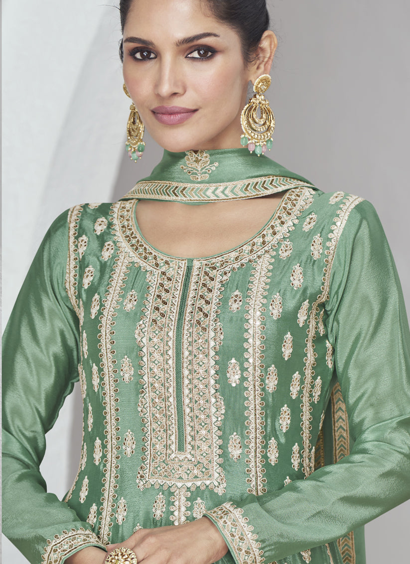 Mint Green Chinnon Silk Embroidered Palazzo Suit