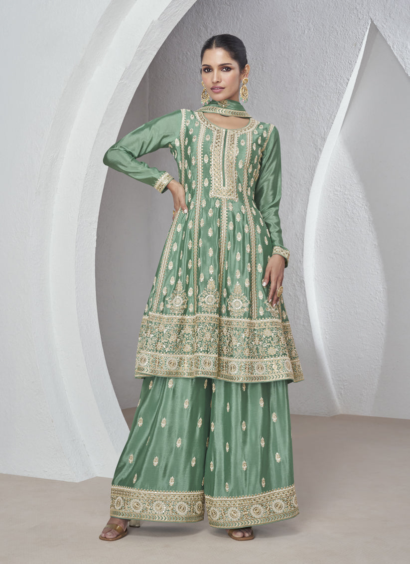 Mint Green Chinnon Silk Embroidered Palazzo Suit