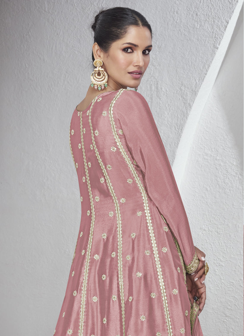 Coral Pink Chinnon Silk Embroidered Palazzo Suit